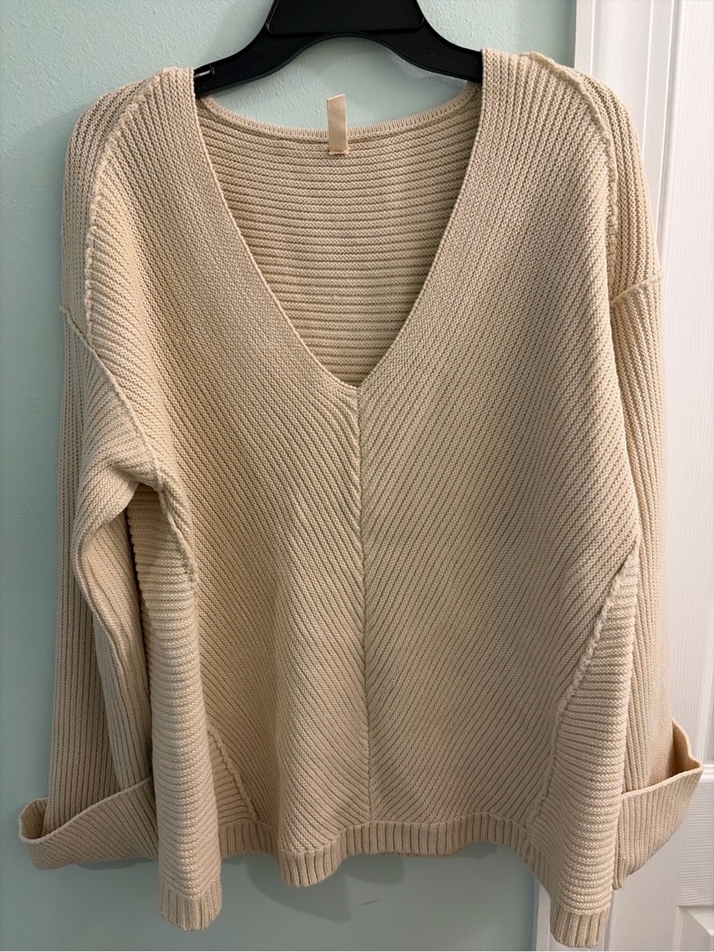 Wishlist Cream V-Neck Ribbed Knit Sweater